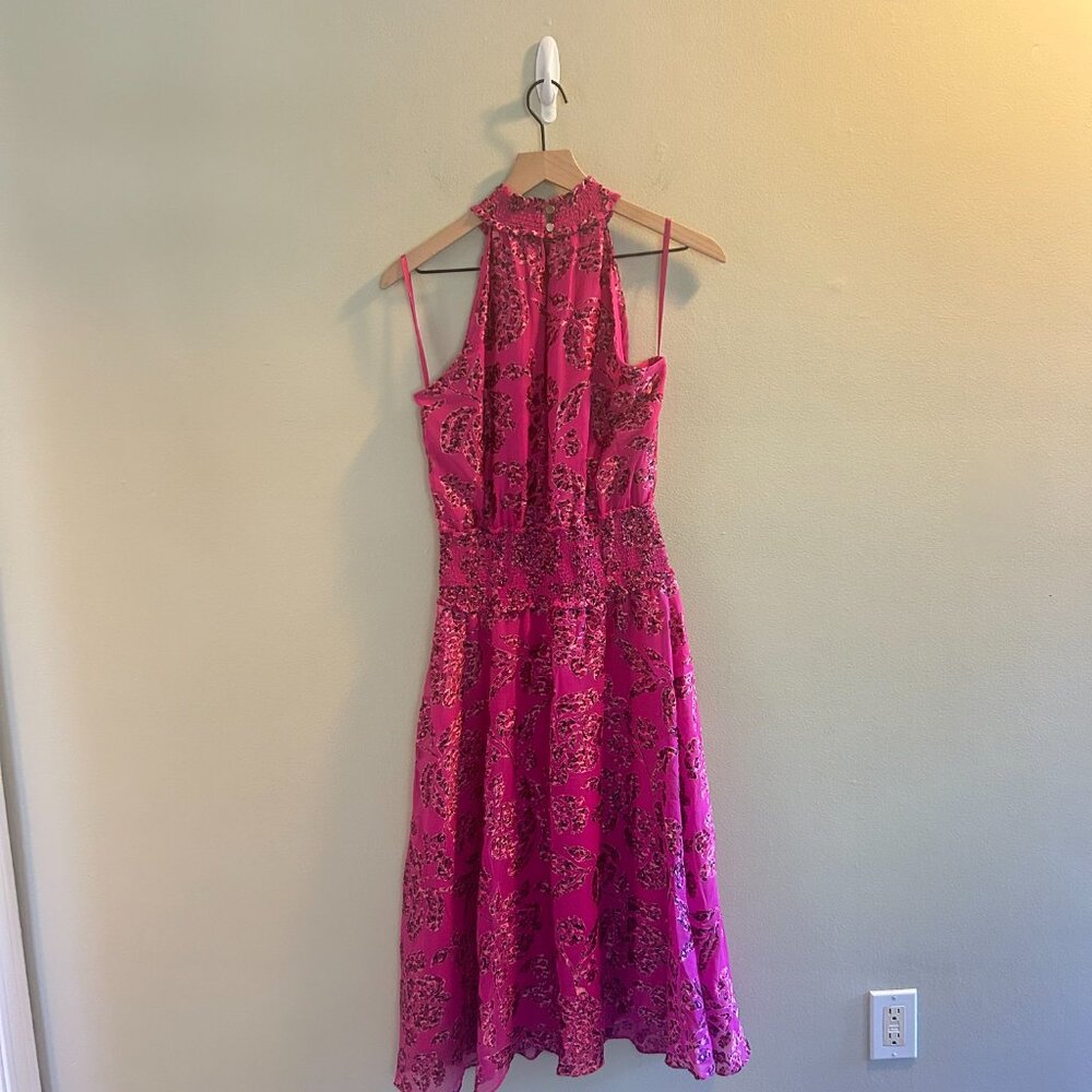 White House Black Market Floral Burnout Smocked-Neck Midi Dress Size 4 Pink - Picture 7 of 9